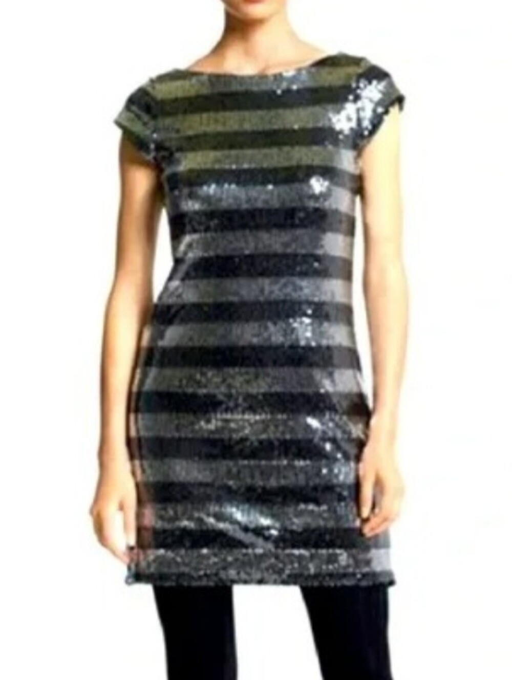WHITE HOUSE BLACK MARKET SEQUIN BLACK & SILVER DRESS CAP-SLEEVE SIZE S party EUC